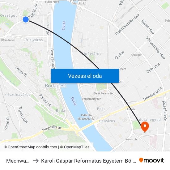 Mechwart Liget to Károli Gáspár Református Egyetem Bölcsészettudományi Kar map