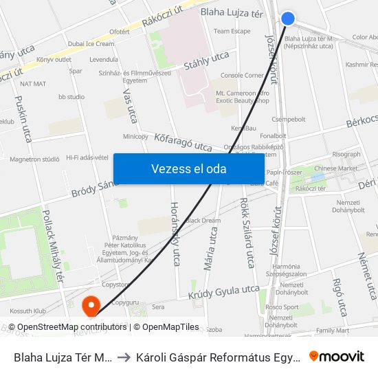 Blaha Lujza Tér M (Népszínház Utca) to Károli Gáspár Református Egyetem Bölcsészettudományi Kar map