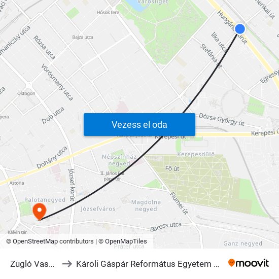 Zugló Vasútállomás to Károli Gáspár Református Egyetem Bölcsészettudományi Kar map