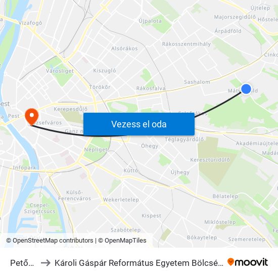 Petőfi Tér to Károli Gáspár Református Egyetem Bölcsészettudományi Kar map