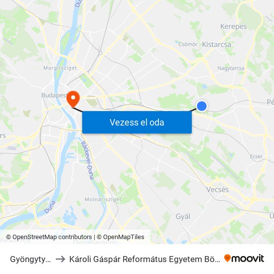 Gyöngytyúk Utca to Károli Gáspár Református Egyetem Bölcsészettudományi Kar map