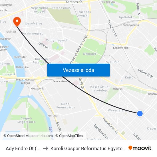 Ady Endre Út (Hunyadi Utca) to Károli Gáspár Református Egyetem Bölcsészettudományi Kar map