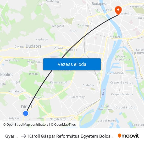 Gyár Utca to Károli Gáspár Református Egyetem Bölcsészettudományi Kar map