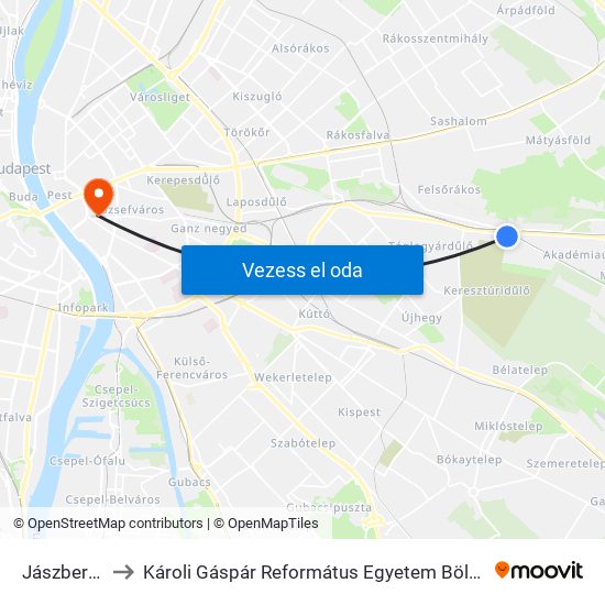 Jászberényi Út to Károli Gáspár Református Egyetem Bölcsészettudományi Kar map