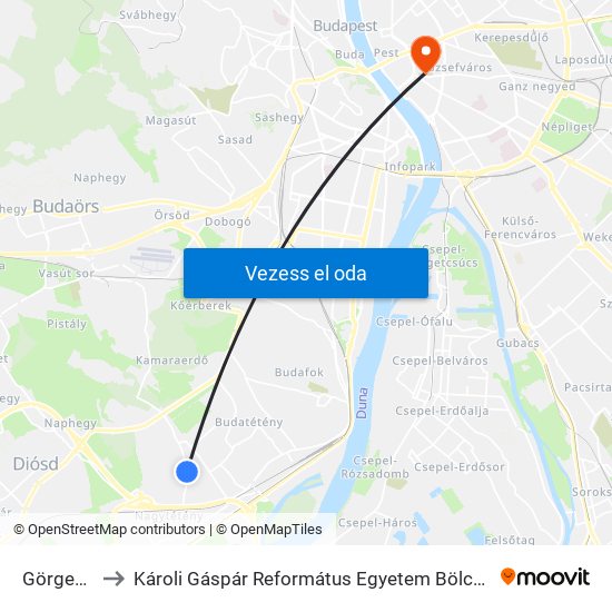 Görgey Utca to Károli Gáspár Református Egyetem Bölcsészettudományi Kar map