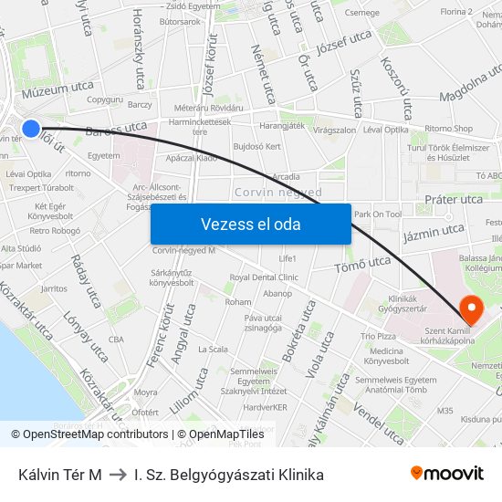 Kálvin Tér M to I. Sz. Belgyógyászati Klinika map