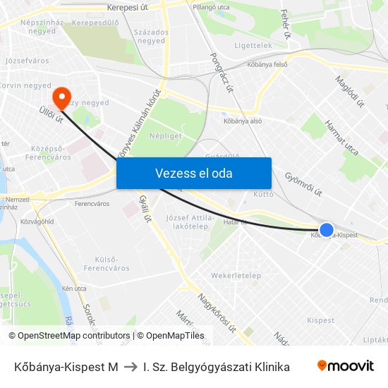 Kőbánya-Kispest M to I. Sz. Belgyógyászati Klinika map