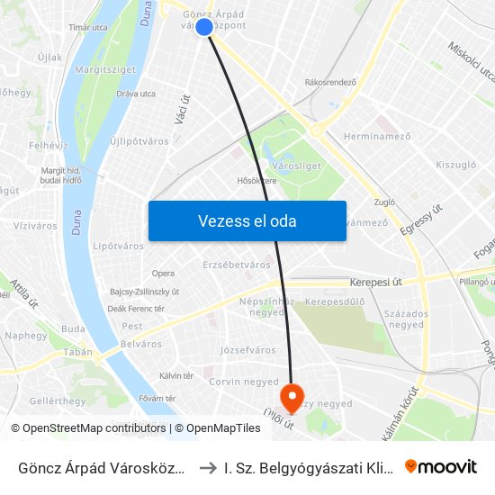 Göncz Árpád Városközpont to I. Sz. Belgyógyászati Klinika map