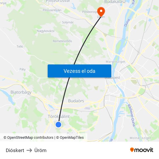 Dióskert to Üröm map