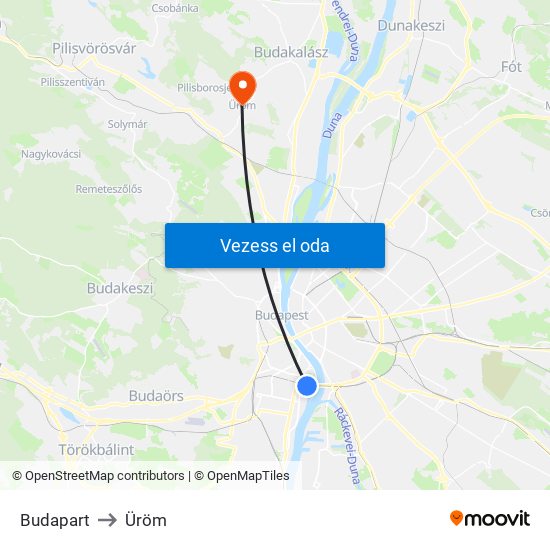 Budapart to Üröm map