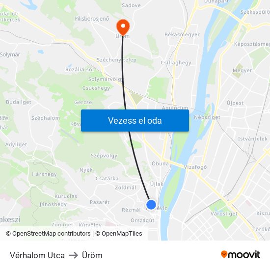 Vérhalom Utca to Üröm map