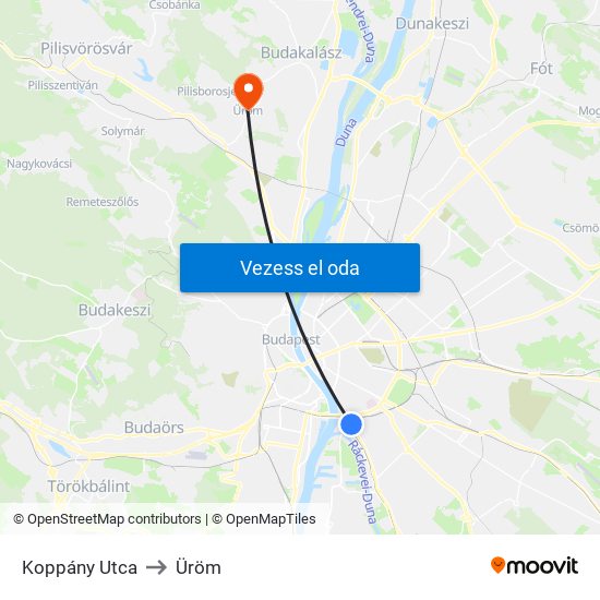 Koppány Utca to Üröm map