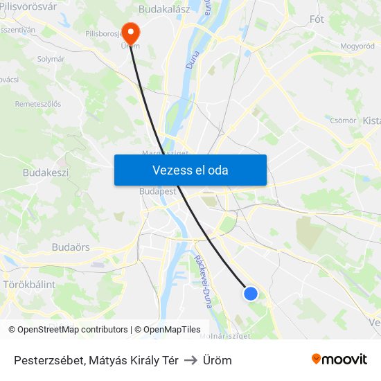 Pesterzsébet, Mátyás Király Tér to Üröm map