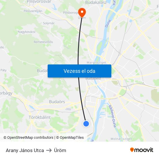 Arany János Utca to Üröm map