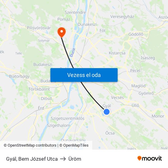 Gyál, Bem József Utca to Üröm map