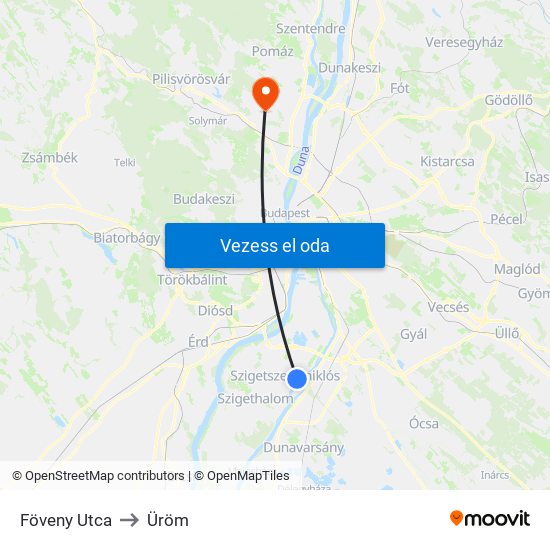 Föveny Utca to Üröm map