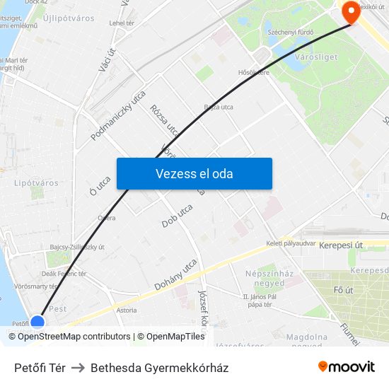 Petőfi Tér to Bethesda Gyermekkórház map