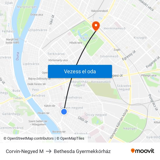 Corvin-Negyed M to Bethesda Gyermekkórház map