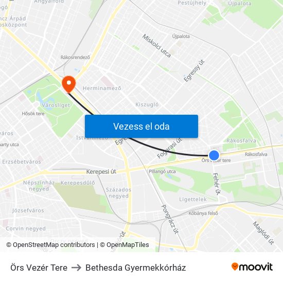 Örs Vezér Tere to Bethesda Gyermekkórház map