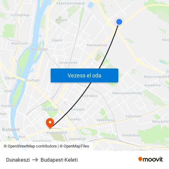 Dunakeszi to Budapest-Keleti map