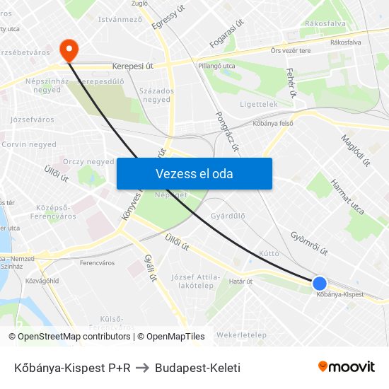 Kőbánya-Kispest P+R to Budapest-Keleti map