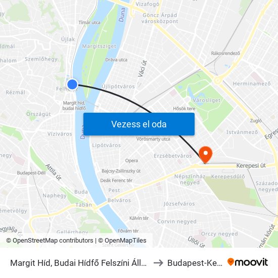 Margit Híd, Budai Hídfő, Tárolóvágány to Budapest-Keleti map