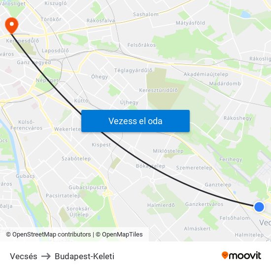 Vecsés to Budapest-Keleti map