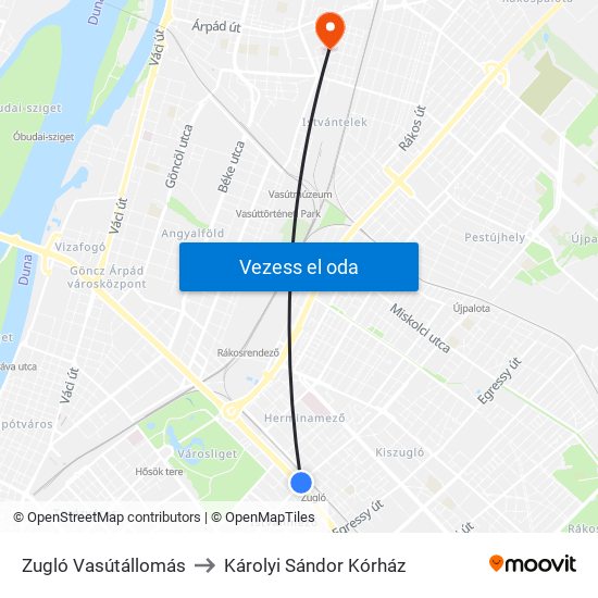 Zugló Vasútállomás to Károlyi Sándor Kórház map