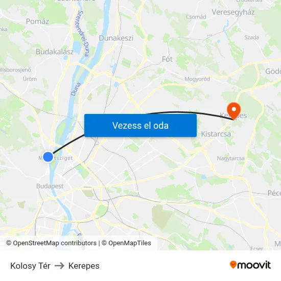 Kolosy Tér to Kerepes map