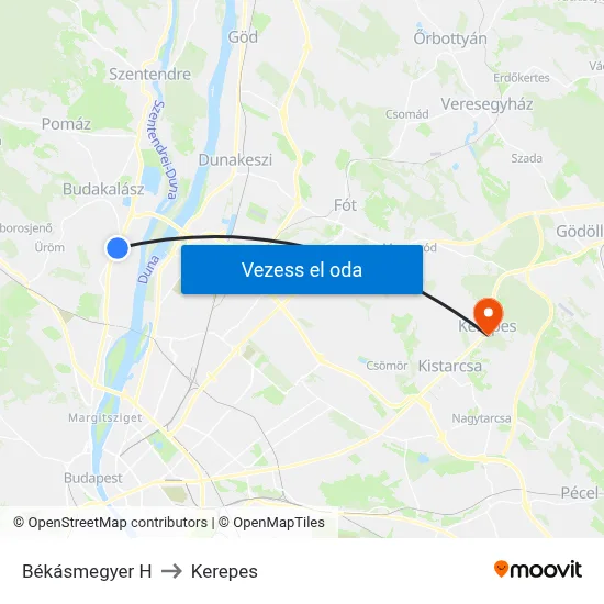 Békásmegyer H to Kerepes map
