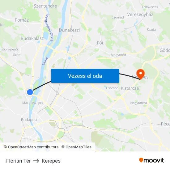 Flórián Tér to Kerepes map