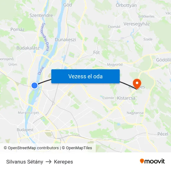 Silvanus Sétány to Kerepes map
