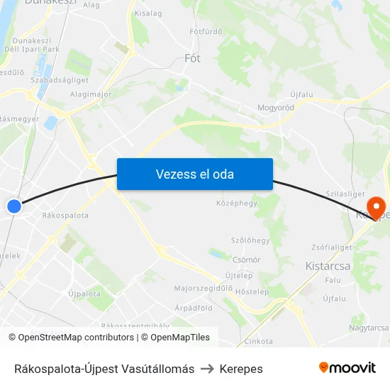 Rákospalota-Újpest Vasútállomás to Kerepes map