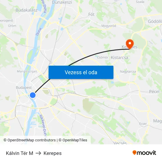 Kálvin Tér M to Kerepes map