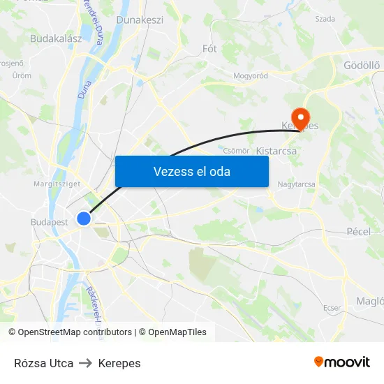 Rózsa Utca to Kerepes map