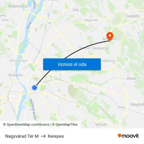 Nagyvárad Tér M to Kerepes map