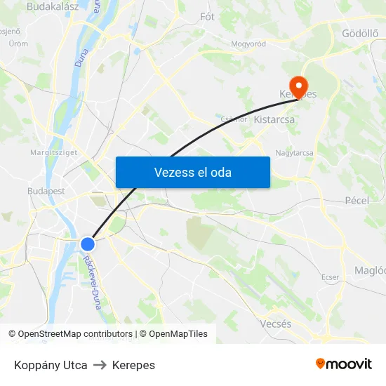 Koppány Utca to Kerepes map