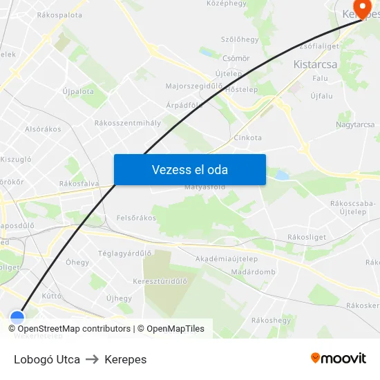 Lobogó Utca to Kerepes map