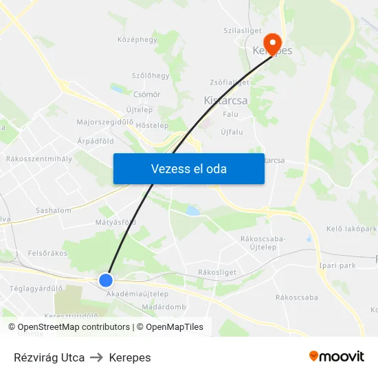 Rézvirág Utca to Kerepes map