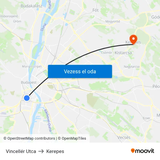 Vincellér Utca to Kerepes map