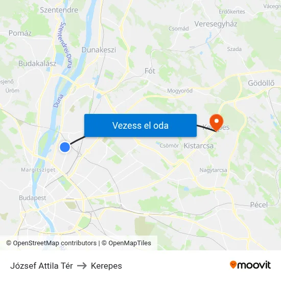 József Attila Tér to Kerepes map
