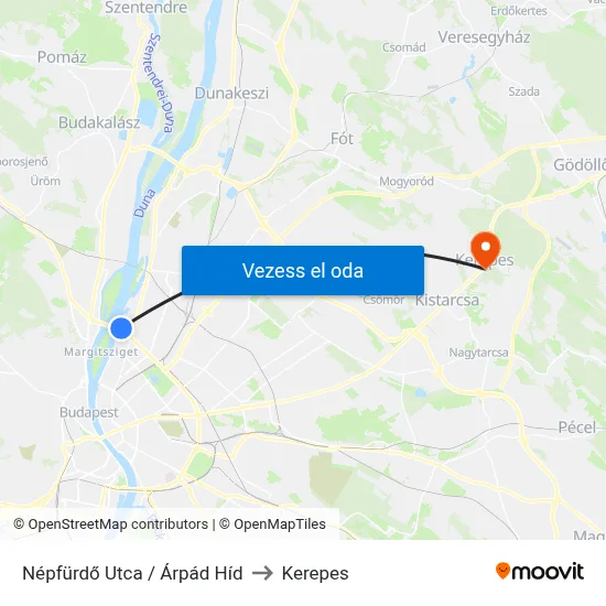 Népfürdő Utca / Árpád Híd to Kerepes map