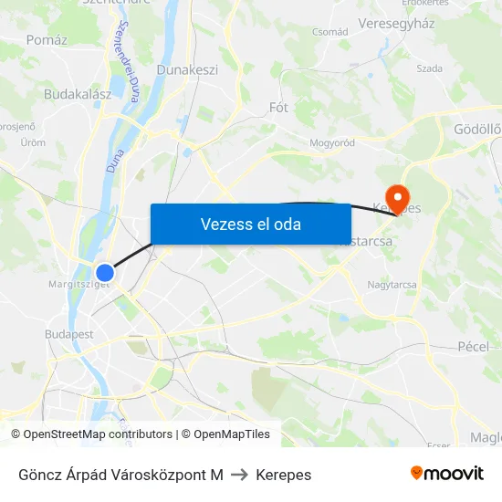 Göncz Árpád Városközpont M to Kerepes map