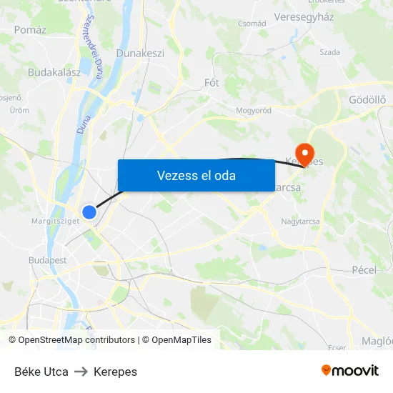 Béke Utca to Kerepes map