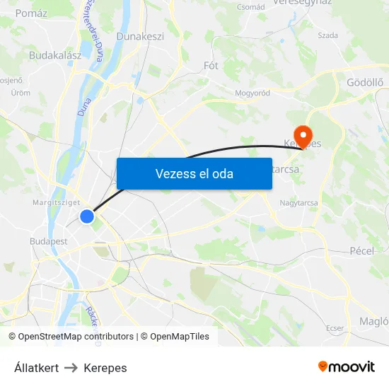Állatkert to Kerepes map