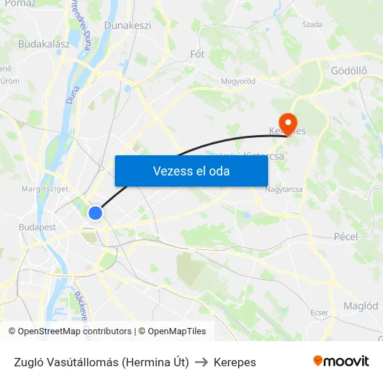 Zugló Vasútállomás (Hermina Út) to Kerepes map