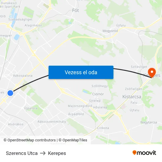 Szerencs Utca to Kerepes map