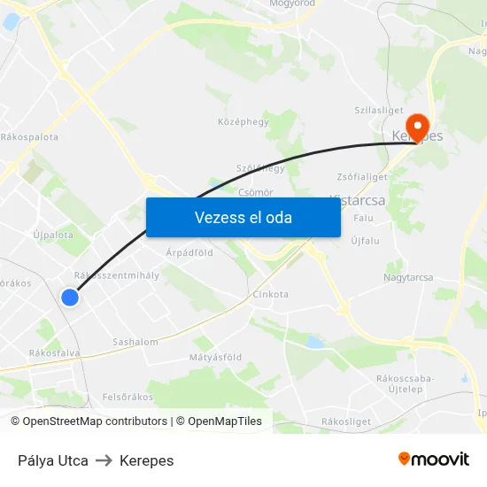 Pálya Utca to Kerepes map