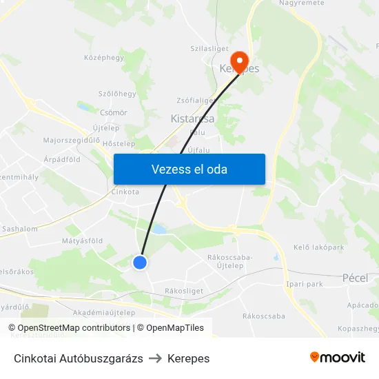 Cinkotai Autóbuszgarázs to Kerepes map