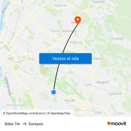 Béke Tér to Kerepes map